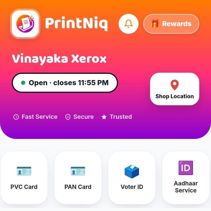 The PrintNiq shop app: shop header with opening hours and service tiles for PVC Card, PAN Card, Voter ID and Aadhaar Service